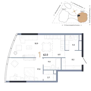 Планировка 1-комн. квартира, 62 м² ЖК «АУРУС Резиденции»