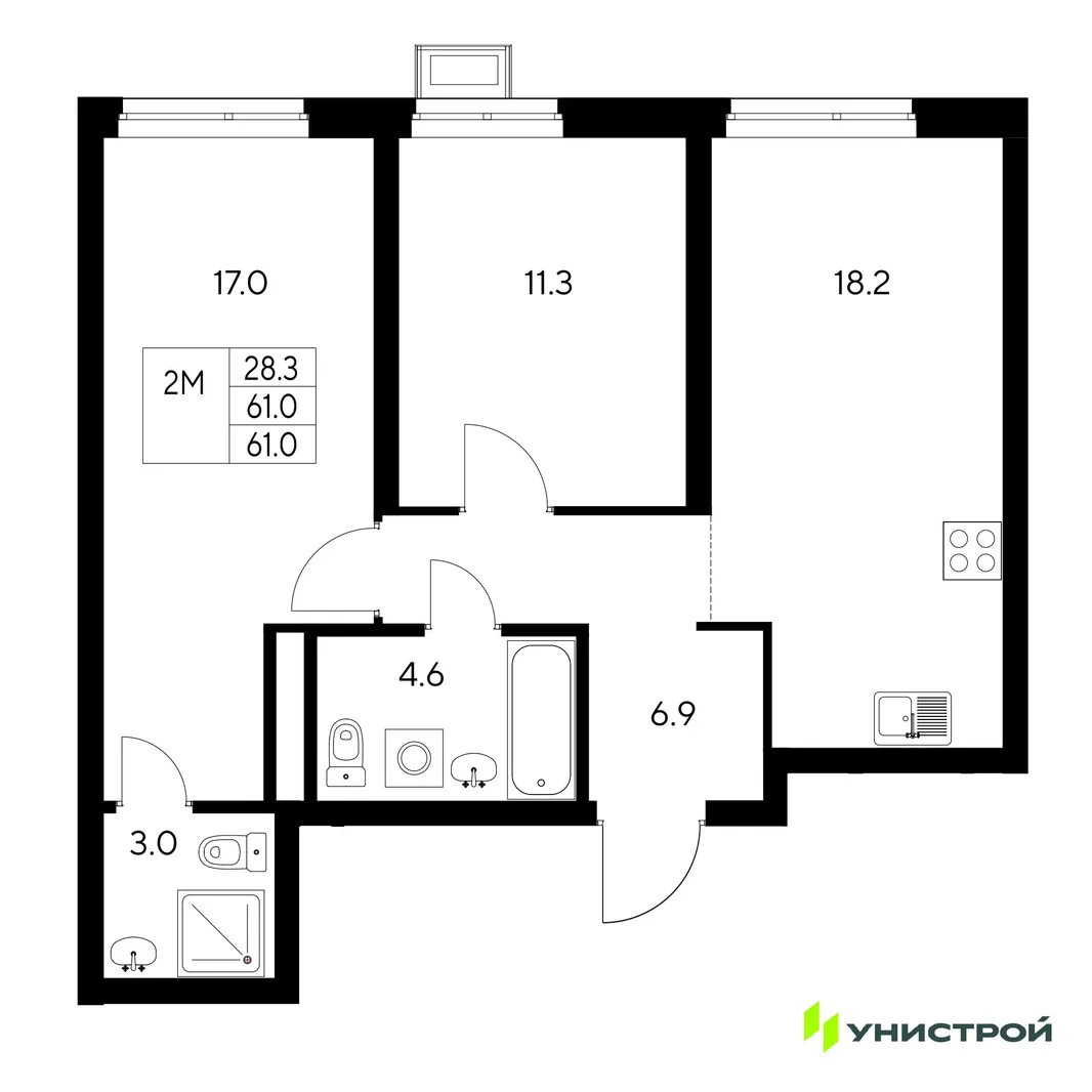 Планировка 2-комн. квартира, 61 м² ЖК «Стадиум»
