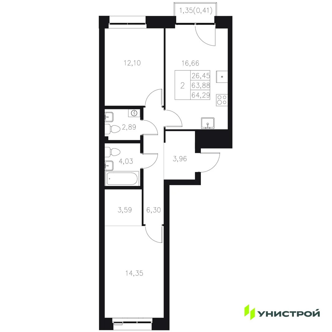 Планировка 2-комн. квартира, 64.29 м² ЖК «Statum»