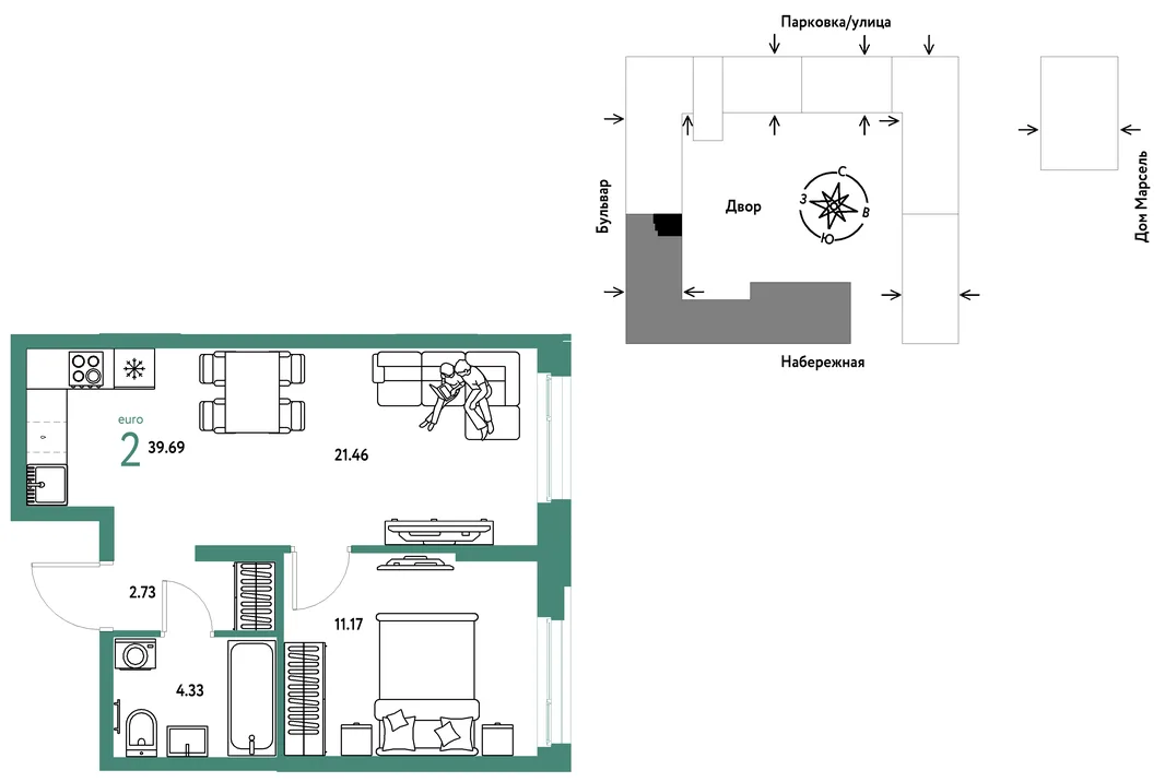 Планировка 2-комн. квартира, 39.69 м² ЖК «Европейский берег 2.0»