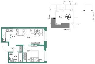 Планировка 2-комн. квартира, 39.69 м² ЖК «Европейский берег 2.0»