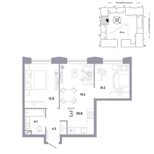 Планировка 3-комн. квартира, 50.8 м² ЖК «Страна.Заречная»