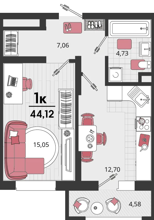 Планировка 1-комн. квартира, 44.12 м² ЖК «Родные просторы»