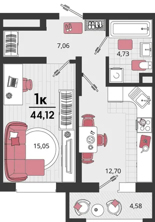 Планировка 1-комн. квартира, 44.12 м² ЖК «Родные просторы»