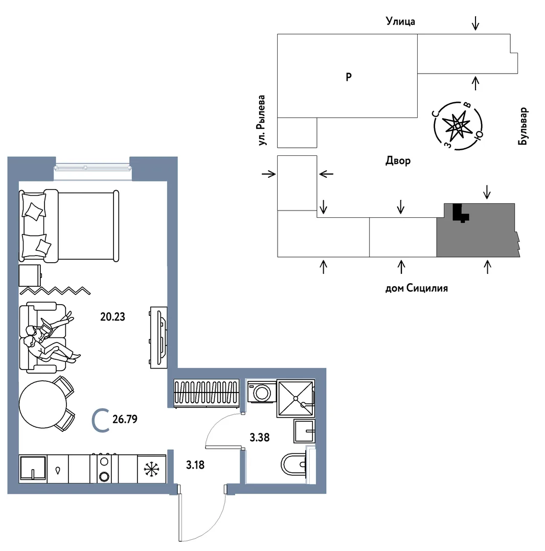 Планировка Студия, 26.79 м² ЖК «Остров-сад»