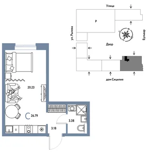 Планировка Студия, 26.79 м² ЖК «Остров-сад»