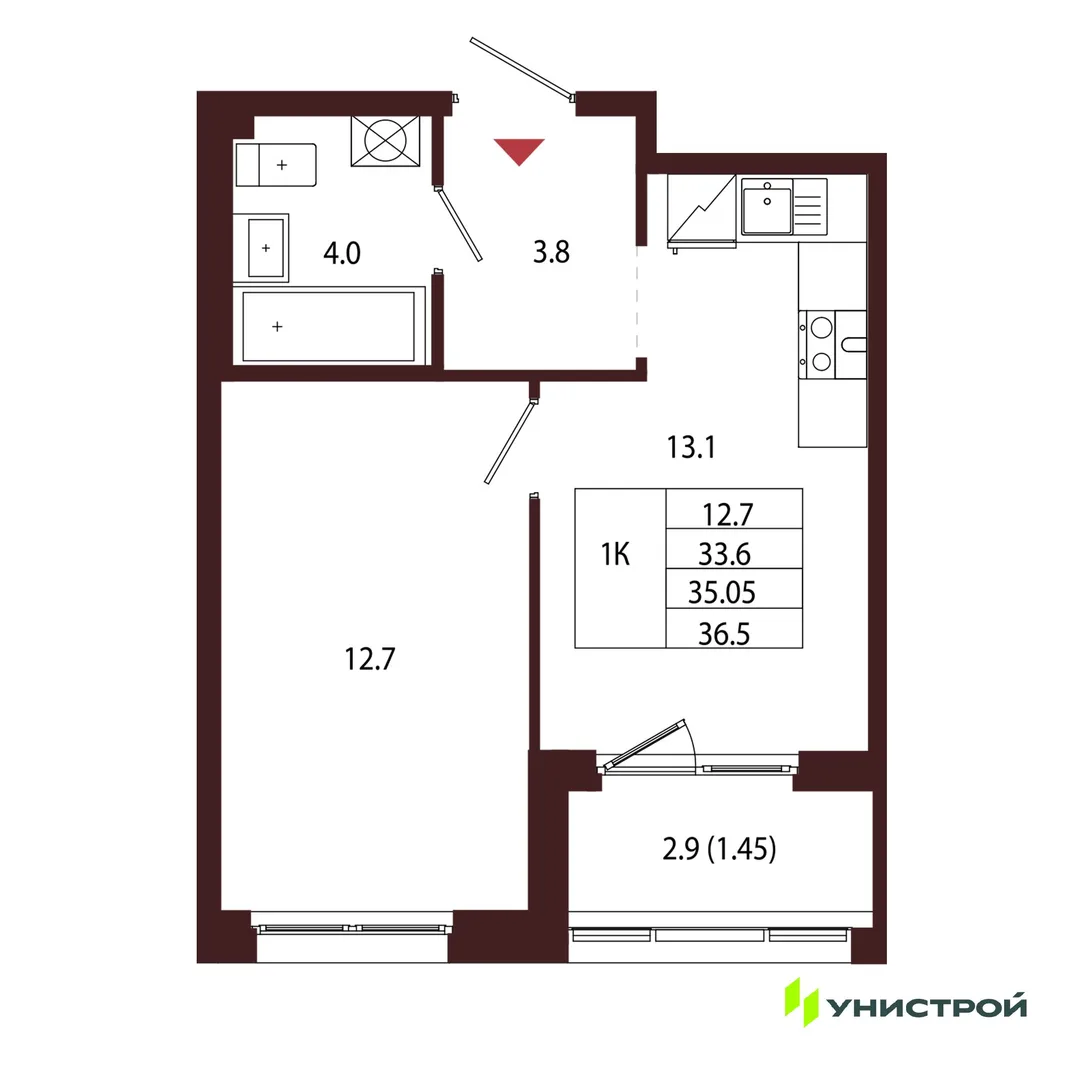 Планировка 1-комн. квартира, 35.05 м² ЖК «Лисино»