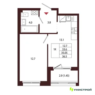 Планировка 1-комн. квартира, 35.05 м² ЖК «Лисино»