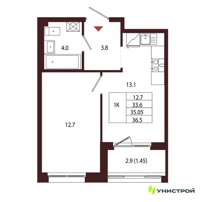 Планировка 1-комн. квартира, 35.05 м² ЖК «Лисино»