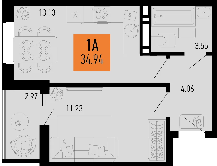 Планировка 1-комн. квартира, 34.94 м² ЖК «Столицыно»