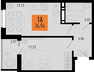 Планировка 1-комн. квартира, 34.94 м² ЖК «Столицыно»