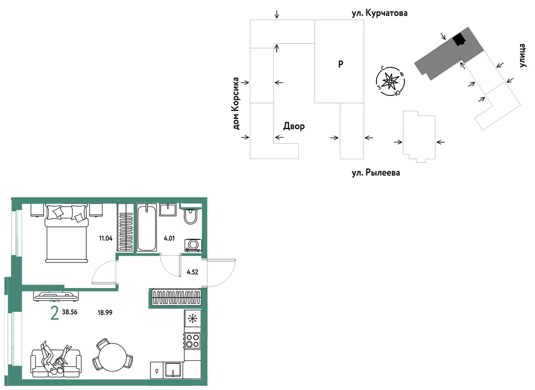 Планировка 2-комн. квартира, 38.74 м² ЖК «Остров-сад»