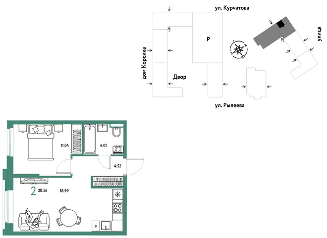 Планировка 2-комн. квартира, 38.74 м² ЖК «Остров-сад»