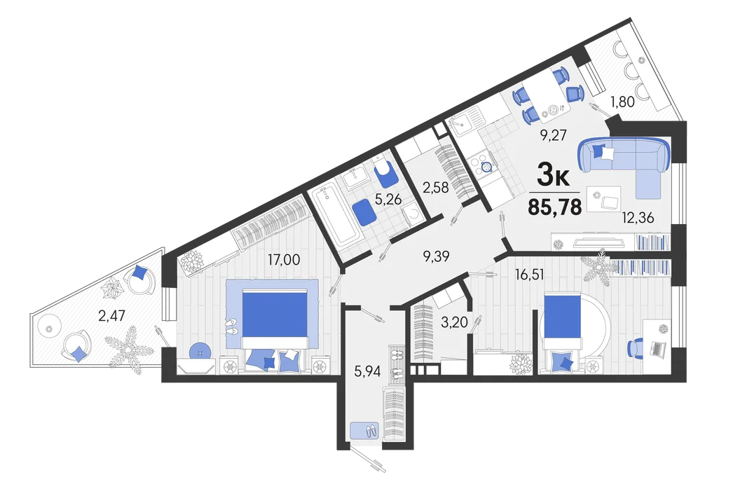 Планировка 3-комн. квартира, 85.73 м² ЖК «Белые Росы 2»