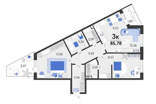 Планировка 3-комн. квартира, 85.73 м² ЖК «Белые Росы 2»