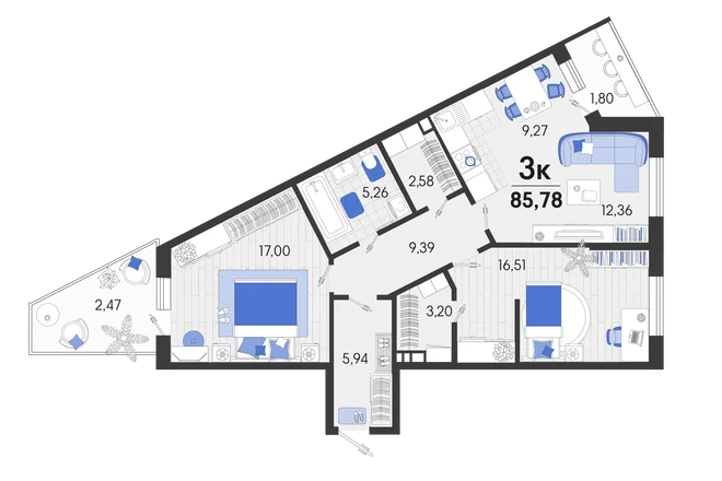 Планировка 3-комн. квартира, 85.73 м² ЖК «Белые Росы 2» Планировка 3-комн. квартира, 85.73 м² ЖК «Белые Росы 2»