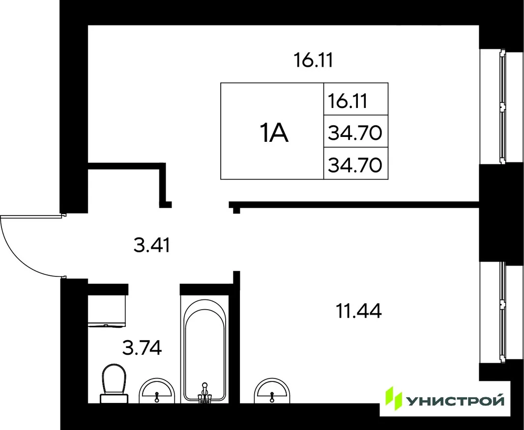 Планировка 1-комн. квартира, 34.7 м² ЖК «Царёво City»
