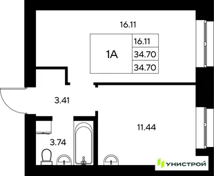 Планировка 1-комн. квартира, 34.7 м² ЖК «Царёво City»