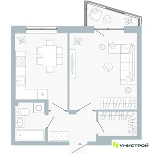 Планировка 1-комн. квартира, 41.62 м² ЖК «Причал»