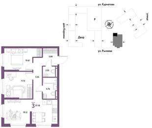 Планировка 3-комн. квартира, 57.18 м² ЖК «Остров-сад»