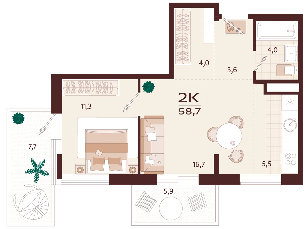 Планировка 2-комн. квартира, 58.7 м² ЖК «Роялта»