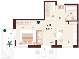 Планировка 2-комн. квартира, 58.7 м² ЖК «Роялта»