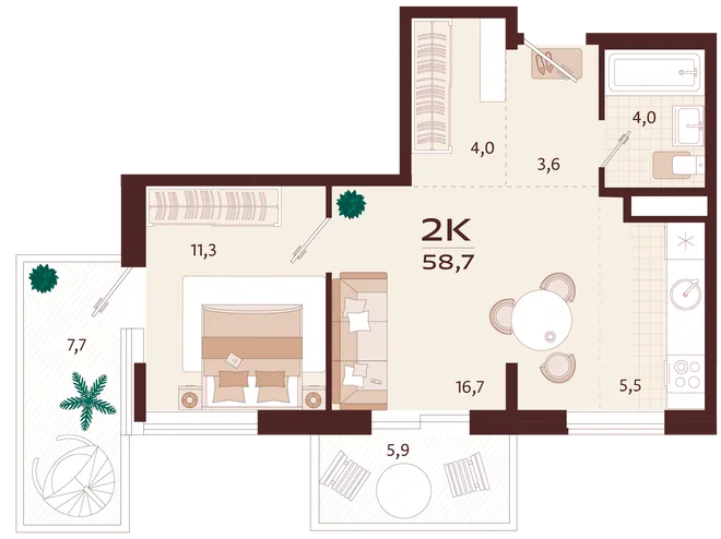 Планировка 2-комн. квартира, 58.7 м² ЖК «Роялта» Планировка 2-комн. квартира, 58.7 м² ЖК «Роялта»