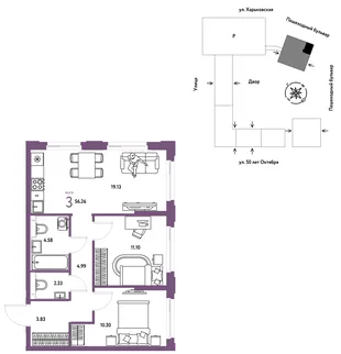 Планировка 3-комн. квартира, 56.26 м² ЖК «Сердце Сибири»