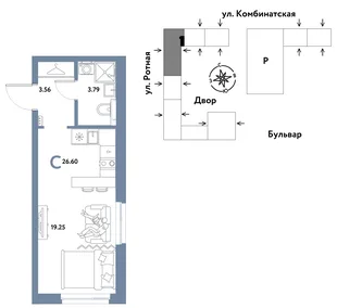 Планировка Студия, 26.47 м² ЖК «Уральский сад»