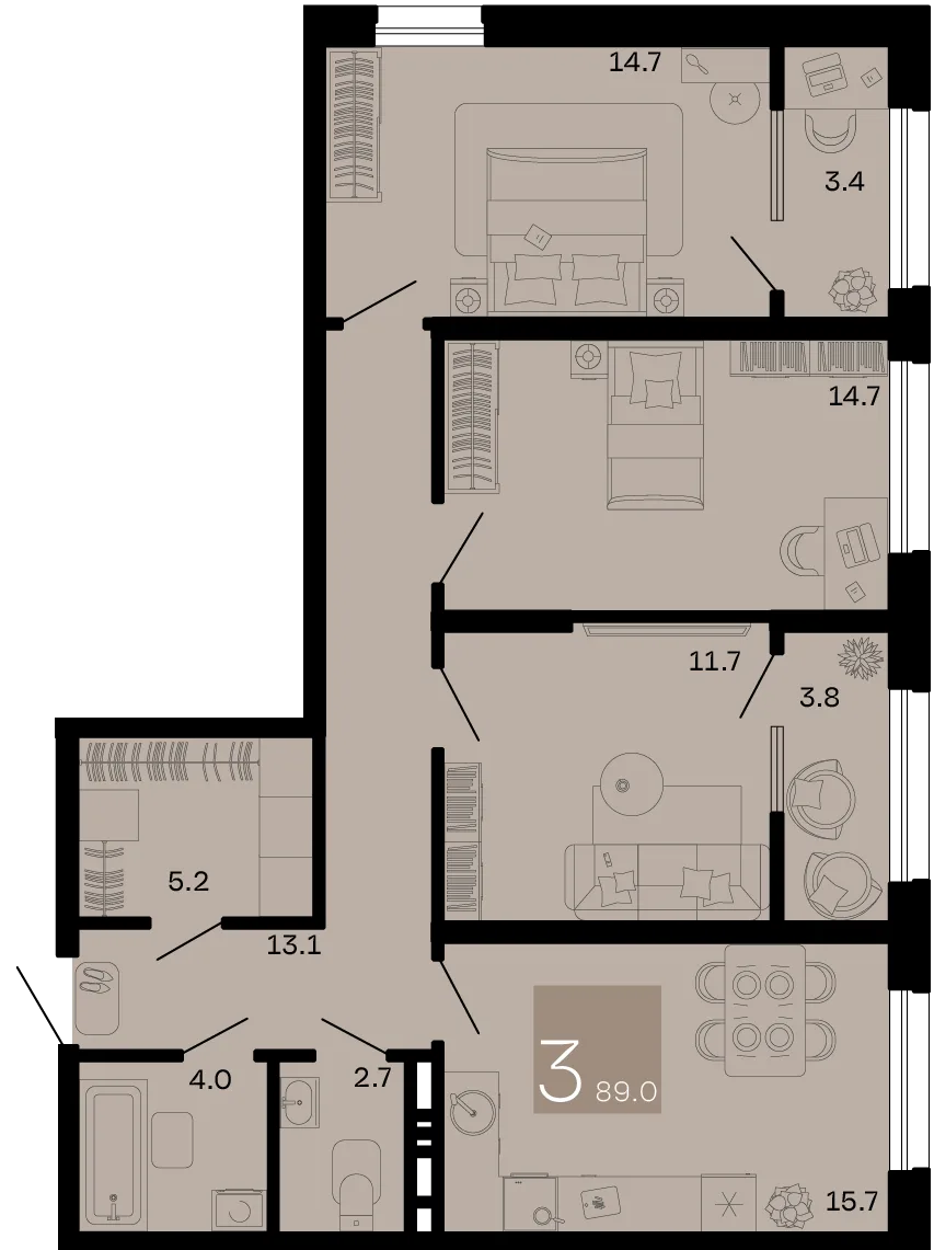 Планировка 3-комн. квартира, 89 м² ЖК «Хозяин морей»