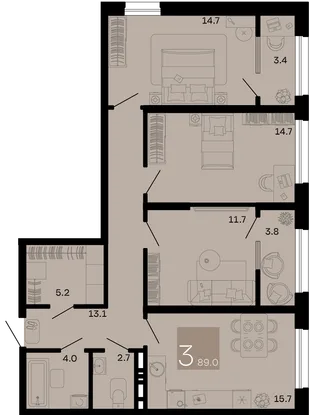 Планировка 3-комн. квартира, 89 м² ЖК «Хозяин морей»