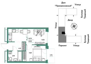 Планировка 2-комн. квартира, 35.79 м² ЖК «Микрорайон Домашний»