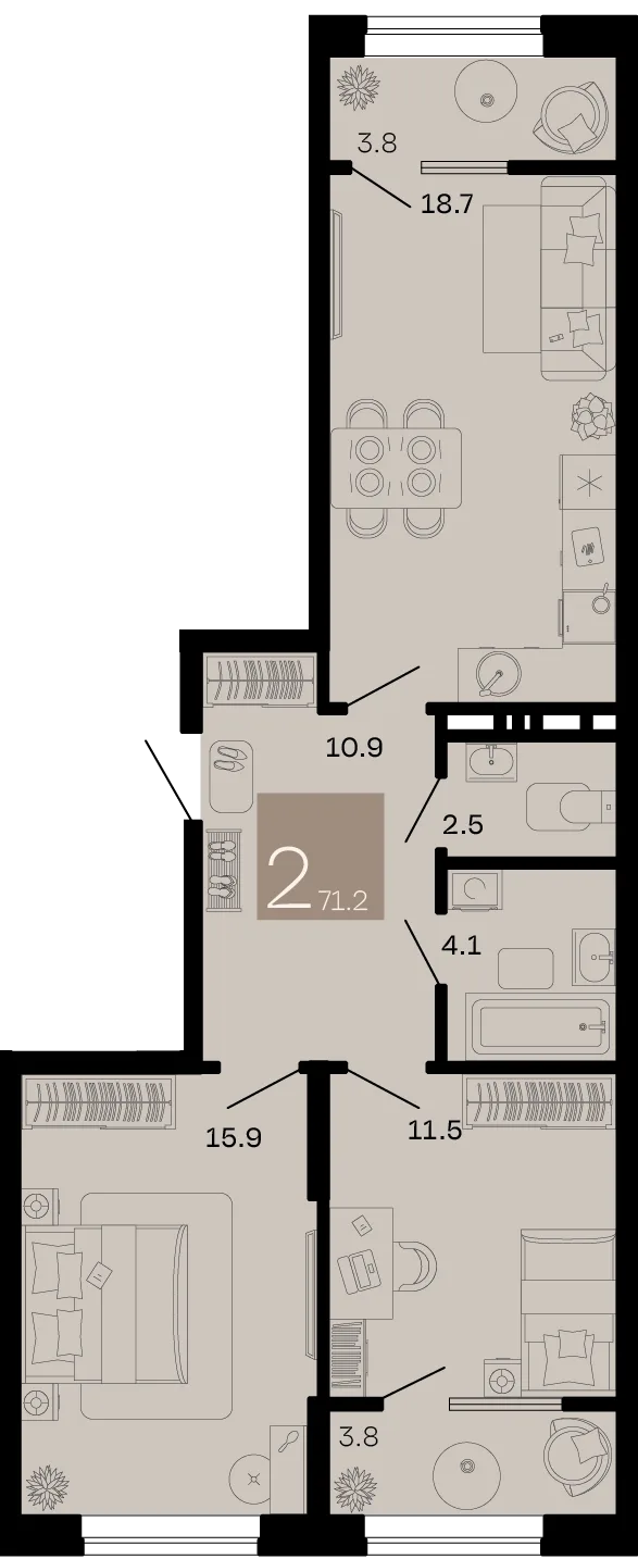 Планировка 2-комн. квартира, 71.2 м² ЖК «Хозяин морей»