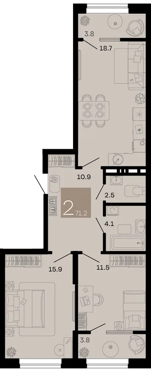 Планировка 2-комн. квартира, 71.2 м² ЖК «Хозяин морей»
