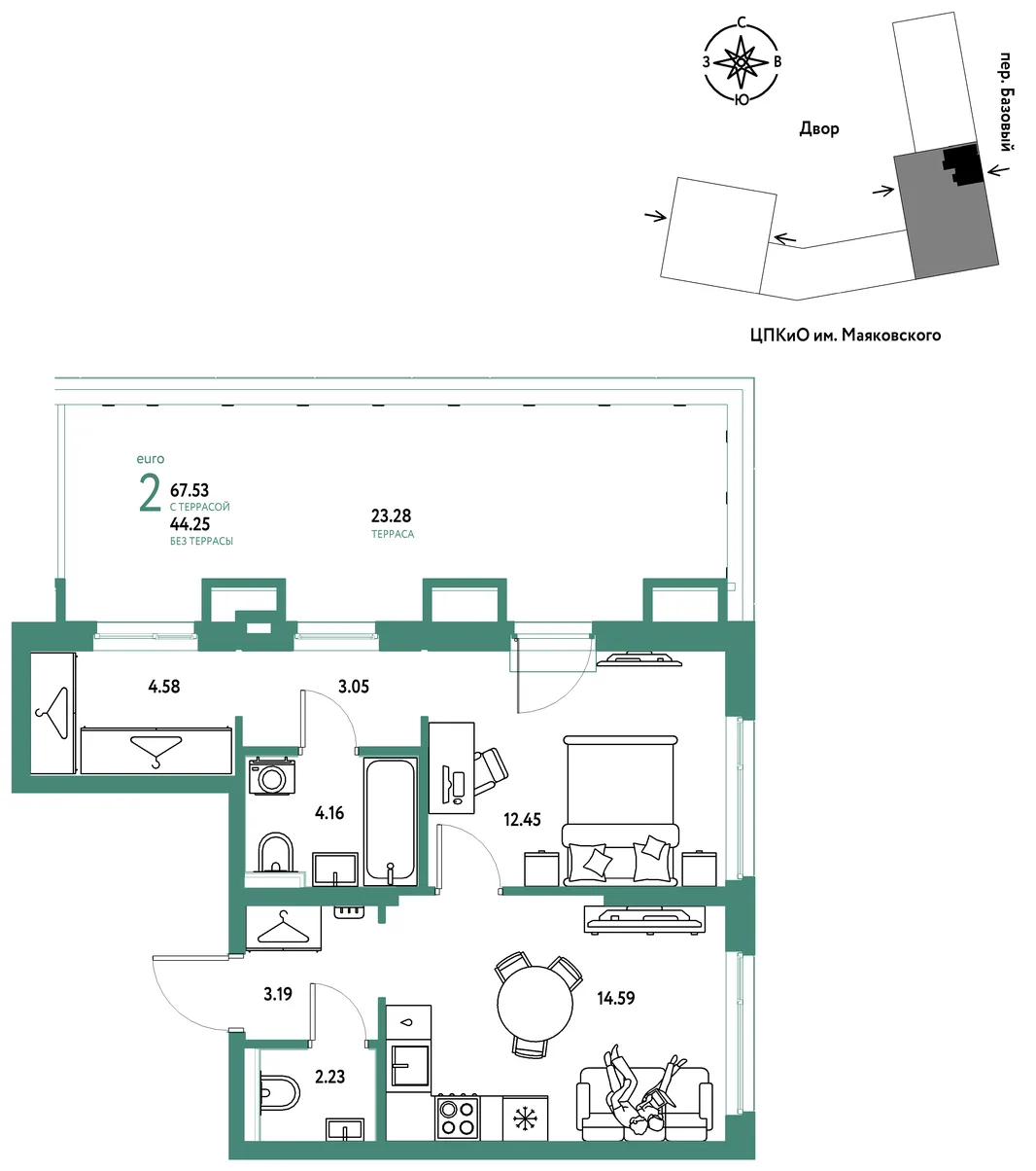 Планировка 2-комн. квартира, 67.53 м² ЖК «Сибирский сад»