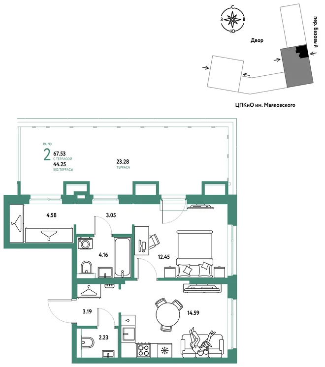 Планировка 2-комн. квартира, 67.53 м² ЖК «Сибирский сад» Планировка 2-комн. квартира, 67.53 м² ЖК «Сибирский сад»