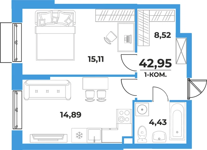 Планировка 1-комн. квартира, 42.95 м² ЖК «На семи холмах» Планировка 1-комн. квартира, 42.95 м² ЖК «На семи холмах»