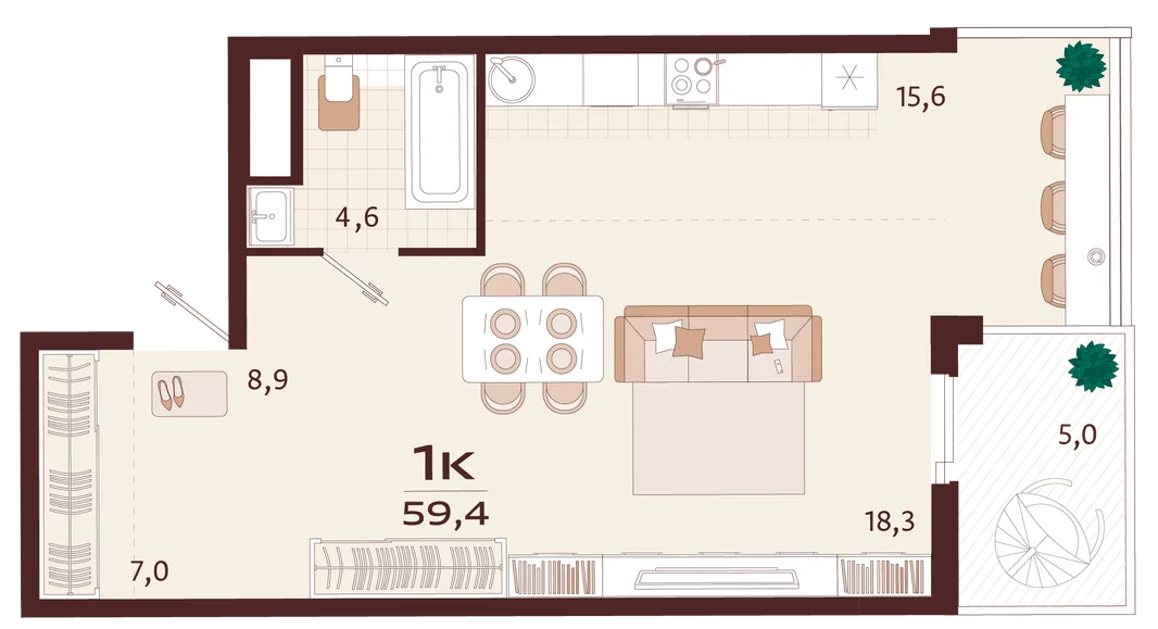 Планировка 1-комн. квартира, 59.4 м² ЖК «Роялта»