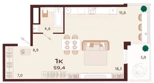 Планировка 1-комн. квартира, 59.4 м² ЖК «Роялта»