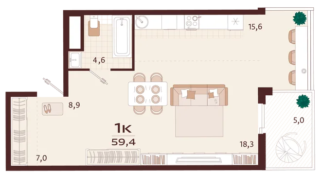 Планировка 1-комн. квартира, 59.4 м² ЖК «Роялта» Планировка 1-комн. квартира, 59.4 м² ЖК «Роялта»
