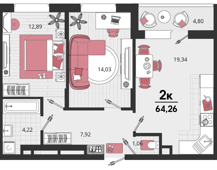 Планировка 2-комн. квартира, 64.26 м² ЖК «Родные просторы»