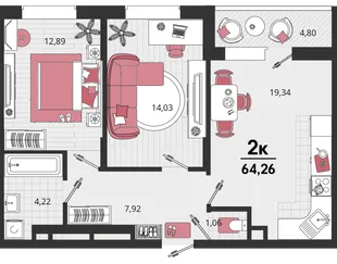 Планировка 2-комн. квартира, 64.26 м² ЖК «Родные просторы»