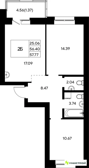 Планировка 2-комн. квартира, 57.77 м² ЖК «Царёво City»