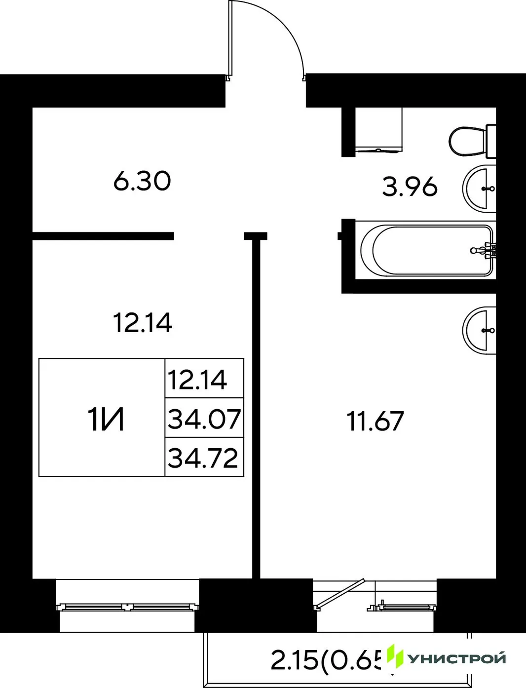 Планировка 1-комн. квартира, 34.72 м² ЖК «Царёво City»
