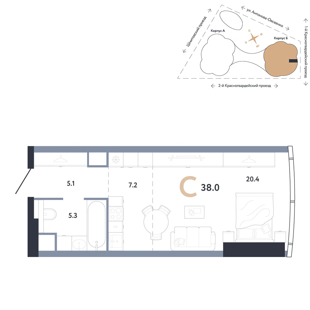 Планировка Студия, 38 м² ЖК «АУРУС Резиденции»