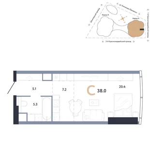 Планировка Студия, 38 м² ЖК «АУРУС Резиденции»