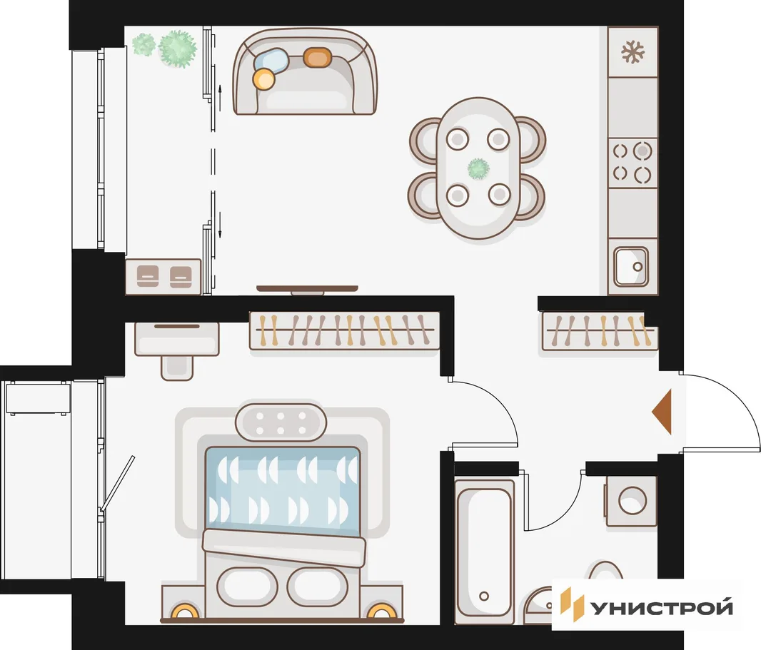 Планировка 1-комн. квартира, 44.06 м² ЖК «Жилой кластер Q на Кулагина»