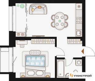 Планировка 1-комн. квартира, 44.06 м² ЖК «Жилой кластер Q на Кулагина»