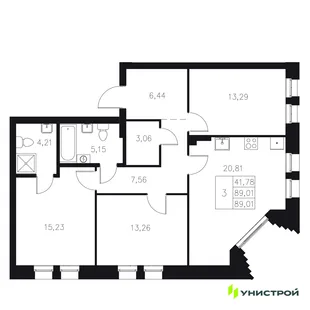 Планировка 3-комн. квартира, 89.01 м² ЖК «Statum»