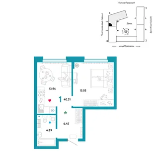 Планировка 1-комн. квартира, 40.31 м² ЖК «Микрорайон Домашний»